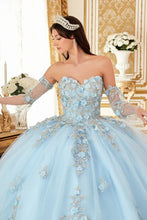 Lt Blue Layered Tulle Ball Gown With Floral Applique