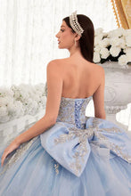 Lt Blue Strapless Layered Ball Gown With Bow Detail