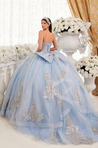 Lt Blue Strapless Layered Ball Gown With Bow Detail