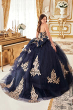 Navy-Gold Strapless Layered Ball Gown With Bow Detail