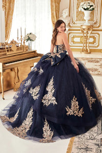 Navy-Gold Strapless Layered Ball Gown With Bow Detail