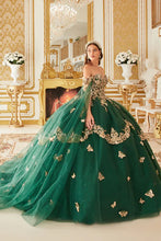 Emerald Strapless Golden Butterfly Emerald Ball Gown