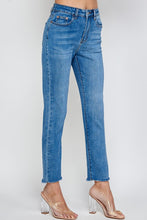 High Rise Medium Washed Raw Hem Straight Jeans