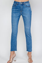 High Rise Medium Washed Raw Hem Straight Jeans