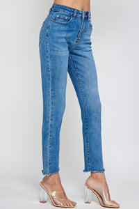 High Rise Medium Washed Raw Hem Straight Jeans