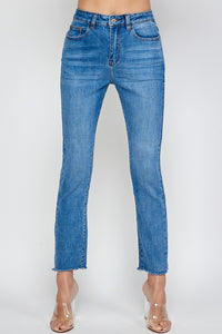 High Rise Medium Washed Raw Hem Straight Jeans