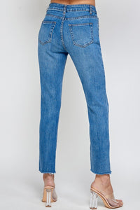 High Rise Medium Washed Raw Hem Straight Jeans