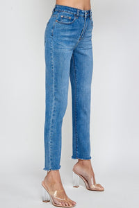 High Rise Medium Washed Raw Hem Straight Jeans