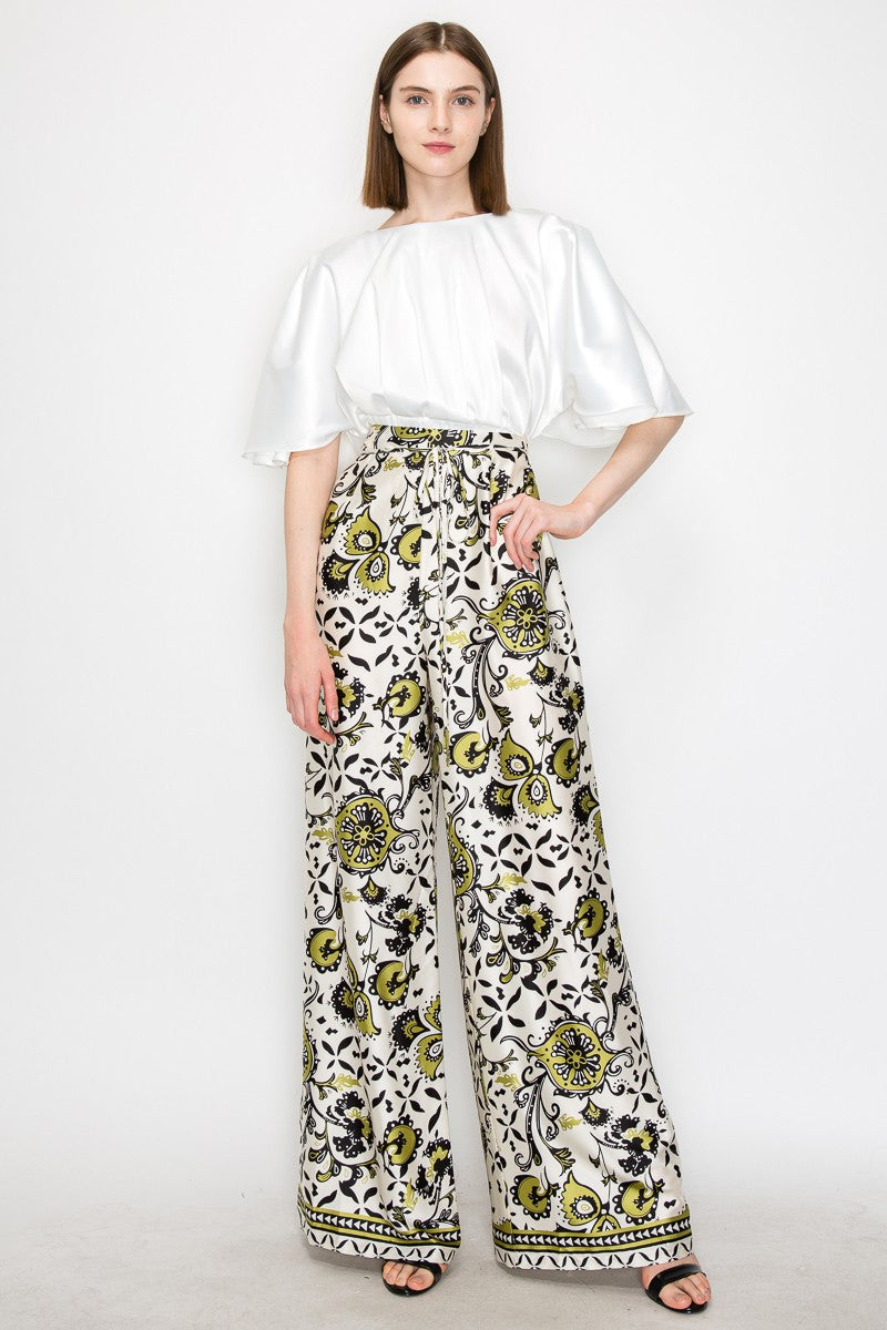 Green Multi Satin Floral Print High-Waisted Wide Pants