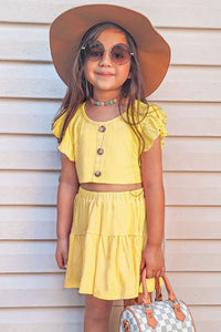 Yellow Toddler'S Ribbed Texture 2pc Skirt Set W/ Ruffle Sleeve Top