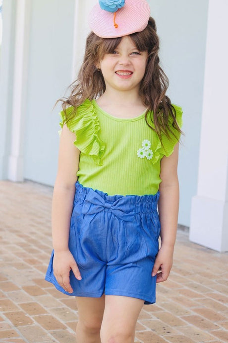 Bright Green Toddler's 2 pc Short Set W/ Soft Ribbed Ruffle Sleeve & Chambray Short
