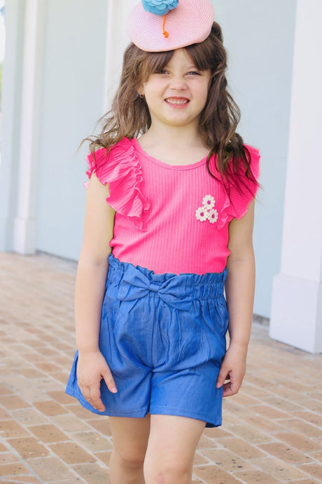 Bright Pink Toddler's 2 pc Short Set W/ Soft Ribbed Ruffle Sleeve & Chambray Short