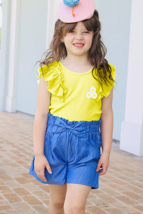 Lemon Yellow Toddler's 2 pc Short Set W/ Soft Ribbed Ruffle Sleeve & Chambray Short