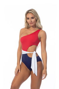 Red/Blue/White Color Blocking One Shoulder Cutout One Piece