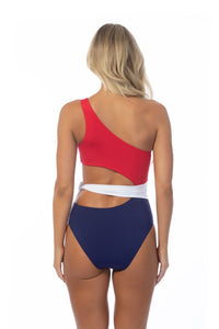 Red/Blue/White Color Blocking One Shoulder Cutout One Piece