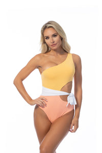 Yellow/Peach/White Color Blocking One Shoulder Cutout One Piece