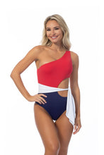 Red/Blue/White Color Blocking One Shoulder Cutout One Piece