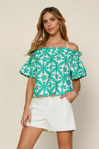 White Green Short Sleeve Emabroidered Off Shoulder Top