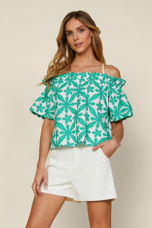 White Green Short Sleeve Emabroidered Off Shoulder Top