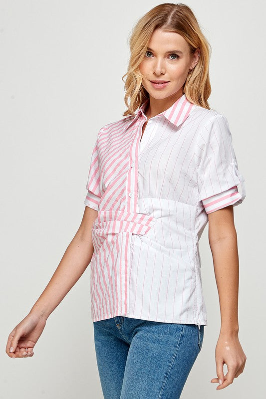 Pink Half Slv Color Block Button Down Stripe Shirt