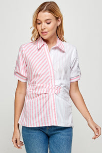 Pink Half Slv Color Block Button Down Stripe Shirt