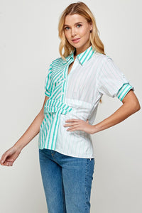 Mint Half Slv Color Block Button Down Stripe Shirt