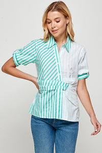 Mint Half Slv Color Block Button Down Stripe Shirt