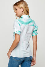 Mint Half Slv Color Block Button Down Stripe Shirt