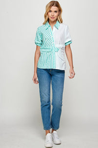 Mint Half Slv Color Block Button Down Stripe Shirt