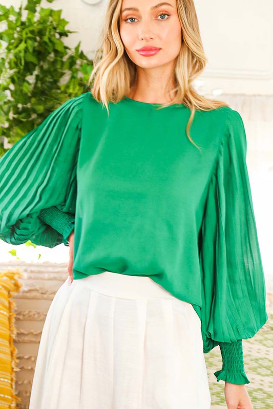 Kelly Green Smocking Detail Woven Top