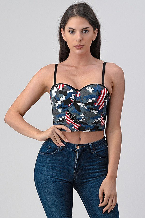 Blue Military Camouflage Flag Printed Crop Bustier Top