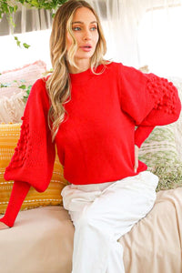 Red Textured Long Puff Sleeve Sweater Top