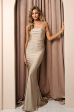 Tan Strappy Back Ruched Trumpet Dress