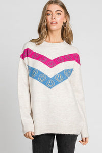 Oatmeal Chevron Happy Face Print Round Neck Sweater Top