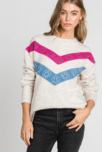 Oatmeal Chevron Happy Face Print Round Neck Sweater Top