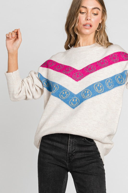 Oatmeal Chevron Happy Face Print Round Neck Sweater Top