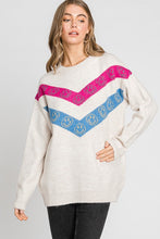 Oatmeal Chevron Happy Face Print Round Neck Sweater Top