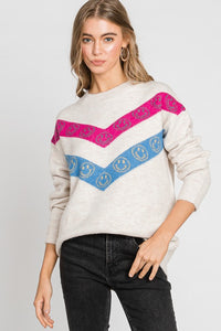 Oatmeal Chevron Happy Face Print Round Neck Sweater Top