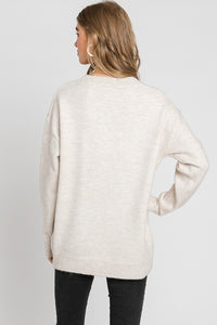 Oatmeal Chevron Happy Face Print Round Neck Sweater Top