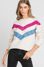 Oatmeal Chevron Happy Face Print Round Neck Sweater Top