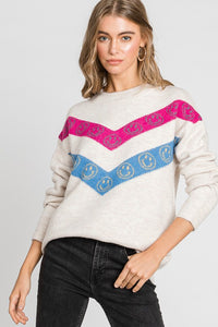 Oatmeal Chevron Happy Face Print Round Neck Sweater Top