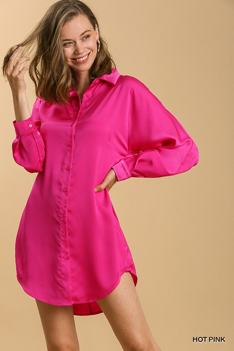 Bright Pink Satin Long Sleeve Oversized Shirt