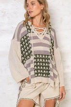 Olive/Ash Mauve Oversize Americana Tie Front Hooded Sweater Top