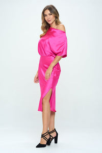 Fuchsia Satin Stretch Print Dress With Slit