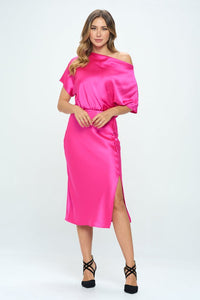 Fuchsia Satin Stretch Print Dress With Slit