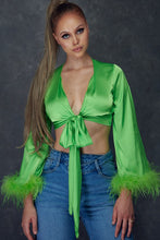 Neon Green Feather Trim Long Sleeve Blouse