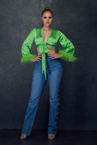 Neon Green Feather Trim Long Sleeve Blouse