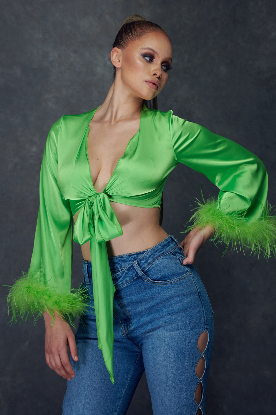 Neon Green Feather Trim Long Sleeve Blouse