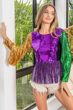 Purple/Mustard/Green Mardi Gras Fringe Detailed Sequins Crop Top