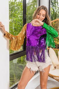 Purple/Mustard/Green Mardi Gras Fringe Detailed Sequins Crop Top